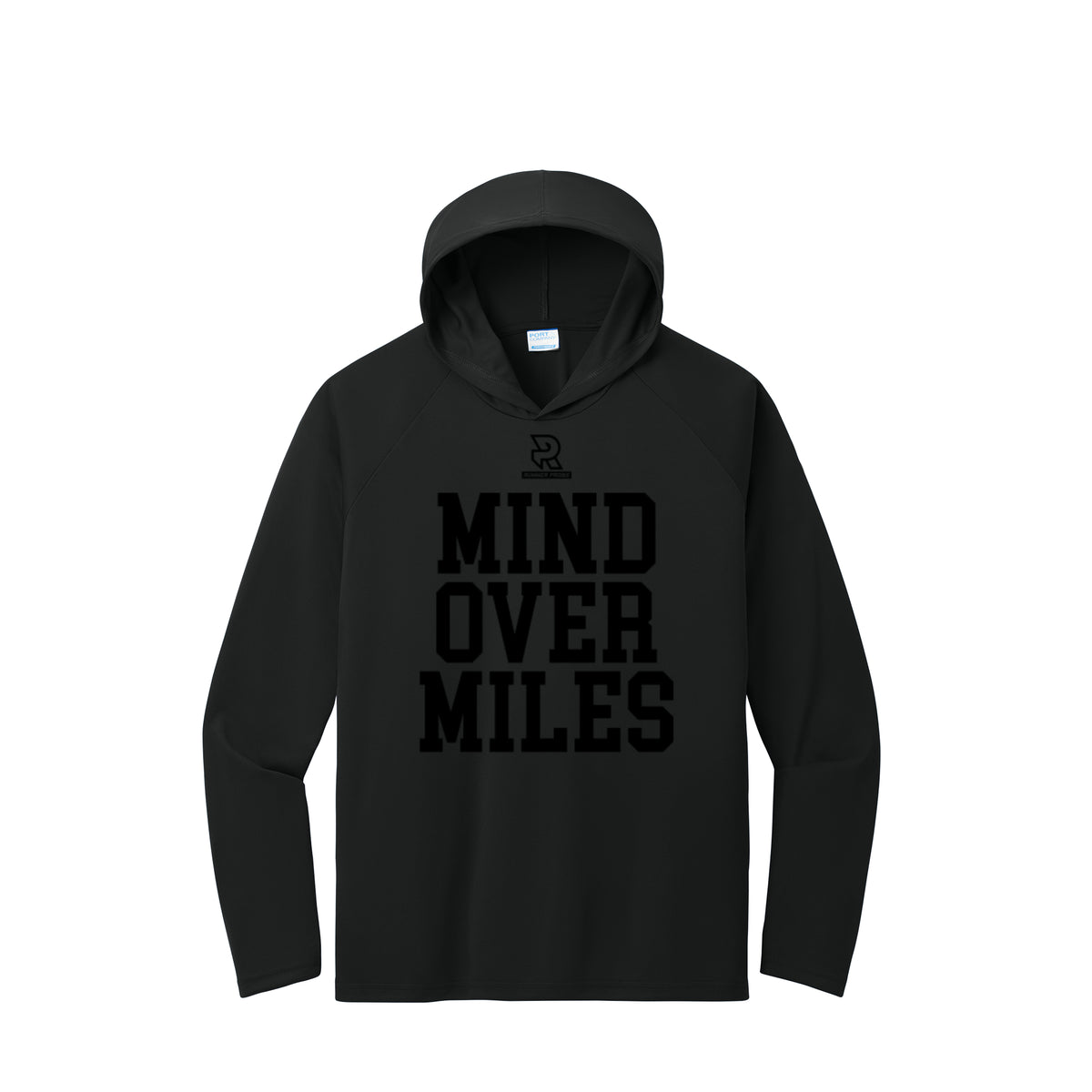 MIND OVER MILES (Black) - Long Sleeve Hooded Performance Tee