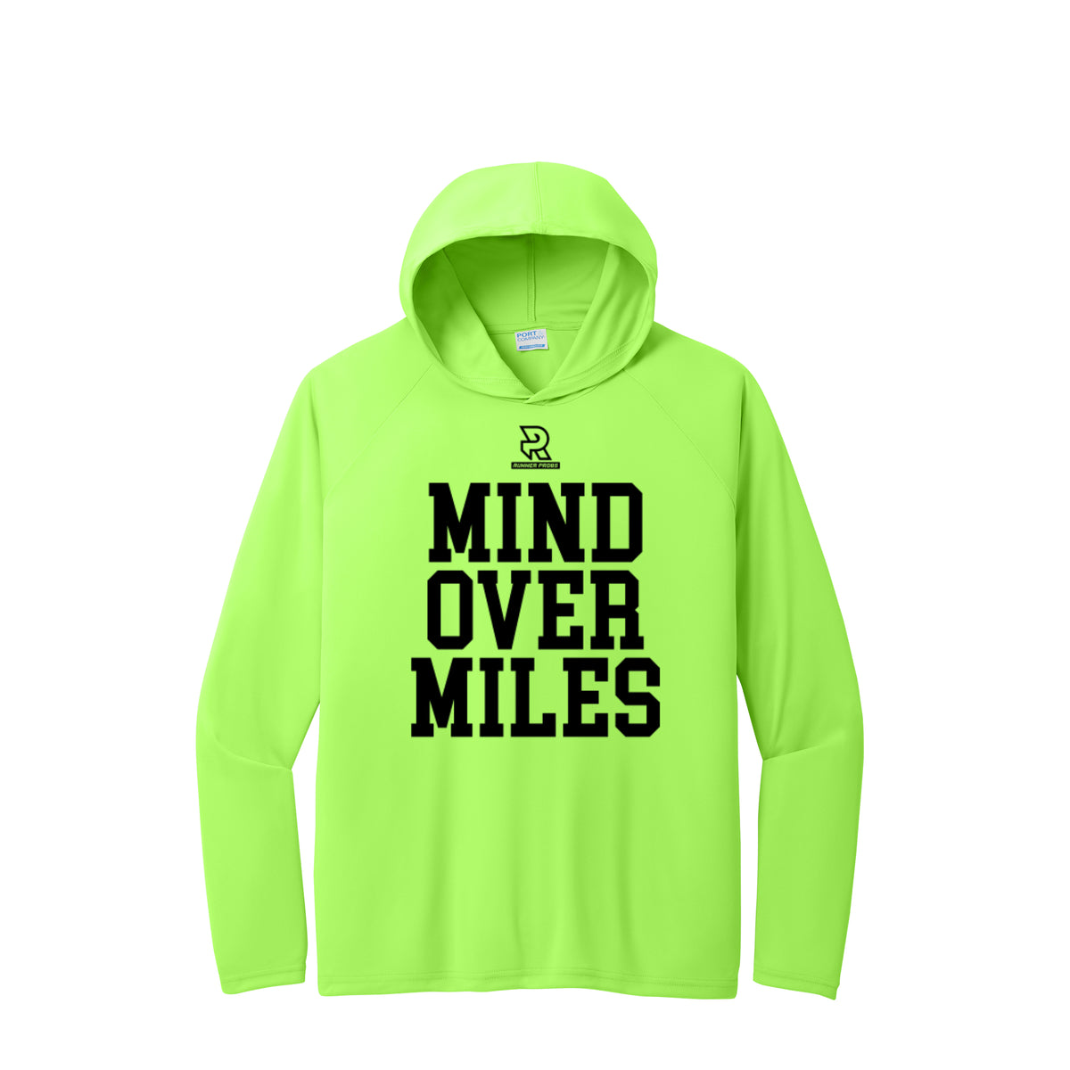 MIND OVER MILES (Black) - Long Sleeve Hooded Performance Tee