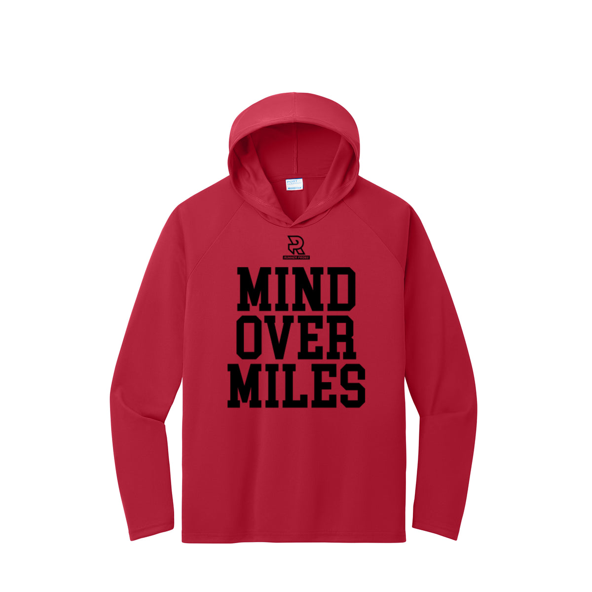MIND OVER MILES (Black) - Long Sleeve Hooded Performance Tee
