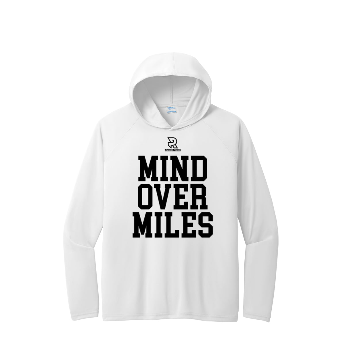 MIND OVER MILES (Black) - Long Sleeve Hooded Performance Tee