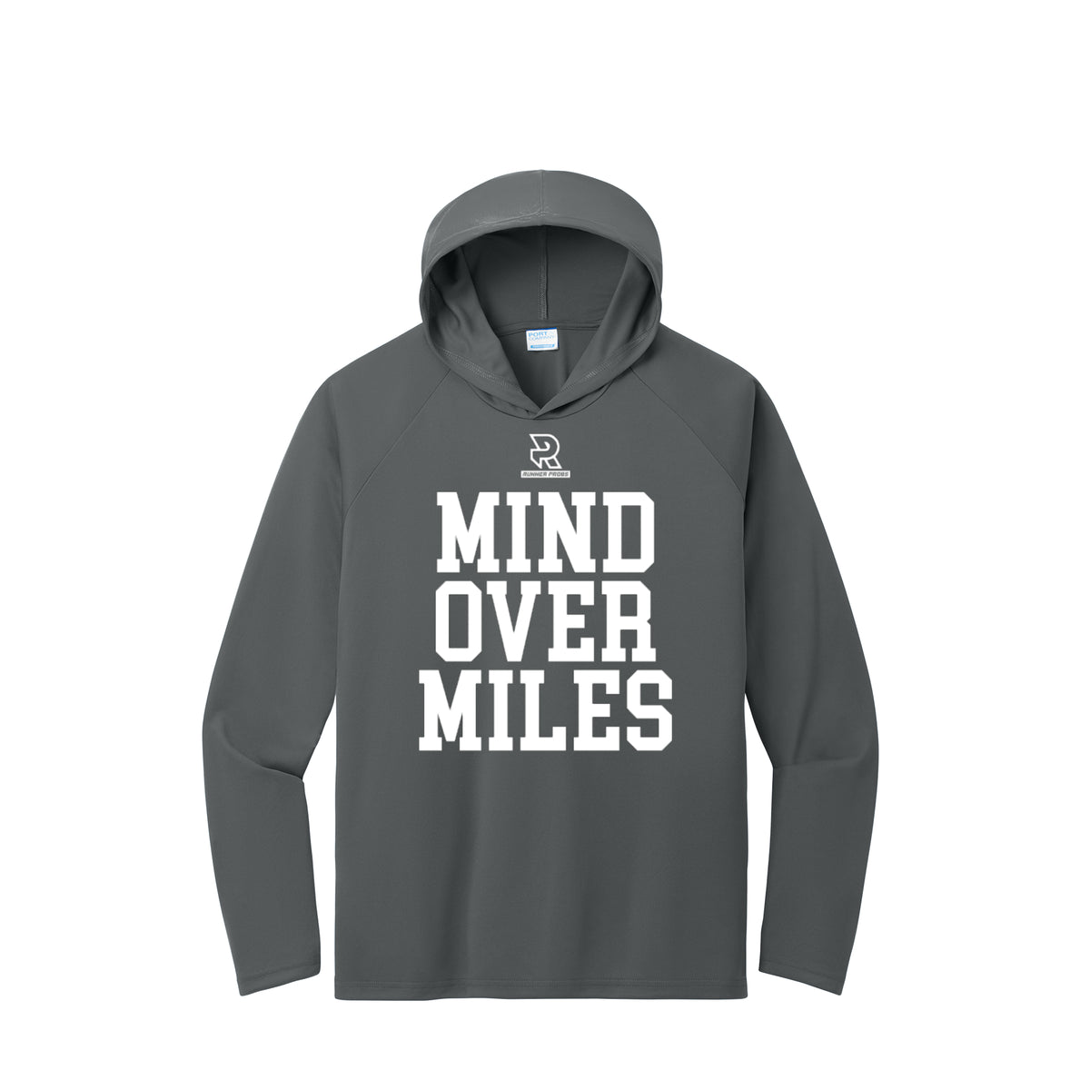 MIND OVER MILES (White) - Long Sleeve Hooded Performance Tee