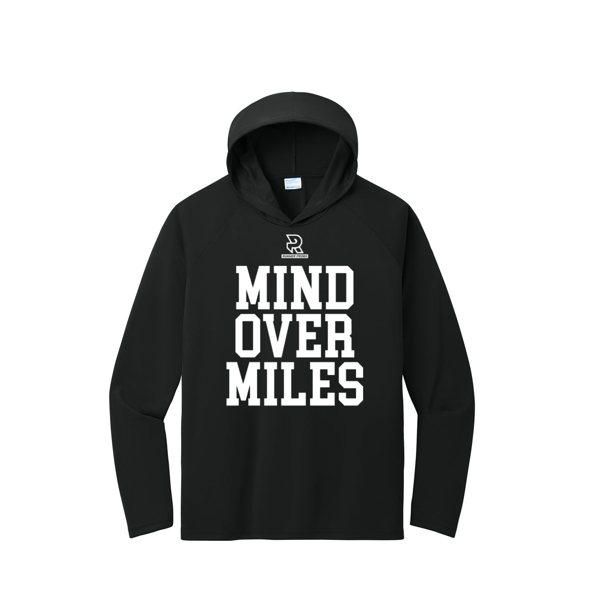 MIND OVER MILES (White) - Long Sleeve Hooded Performance Tee