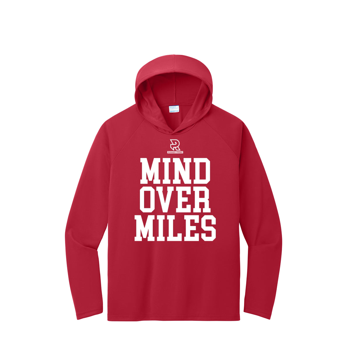 MIND OVER MILES (White) - Long Sleeve Hooded Performance Tee