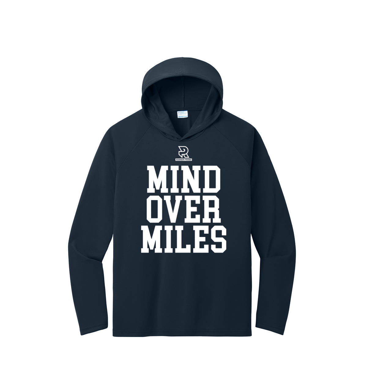 MIND OVER MILES (White) - Long Sleeve Hooded Performance Tee