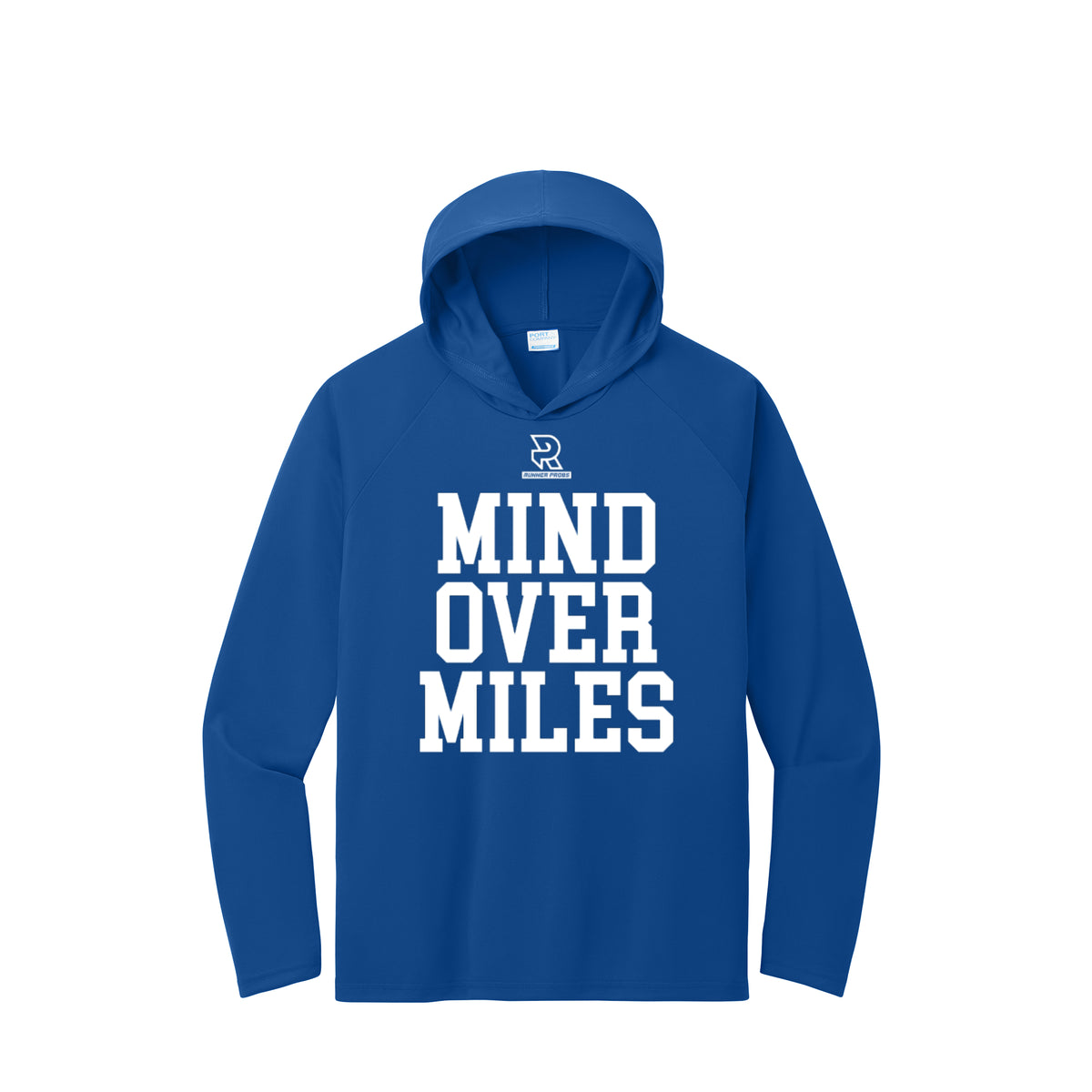 MIND OVER MILES (White) - Long Sleeve Hooded Performance Tee