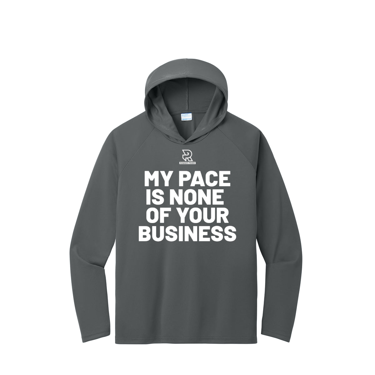 MY PACE IS NONE OF YOUR BUSINESS (White) - Long Sleeve Hooded Performance Tee