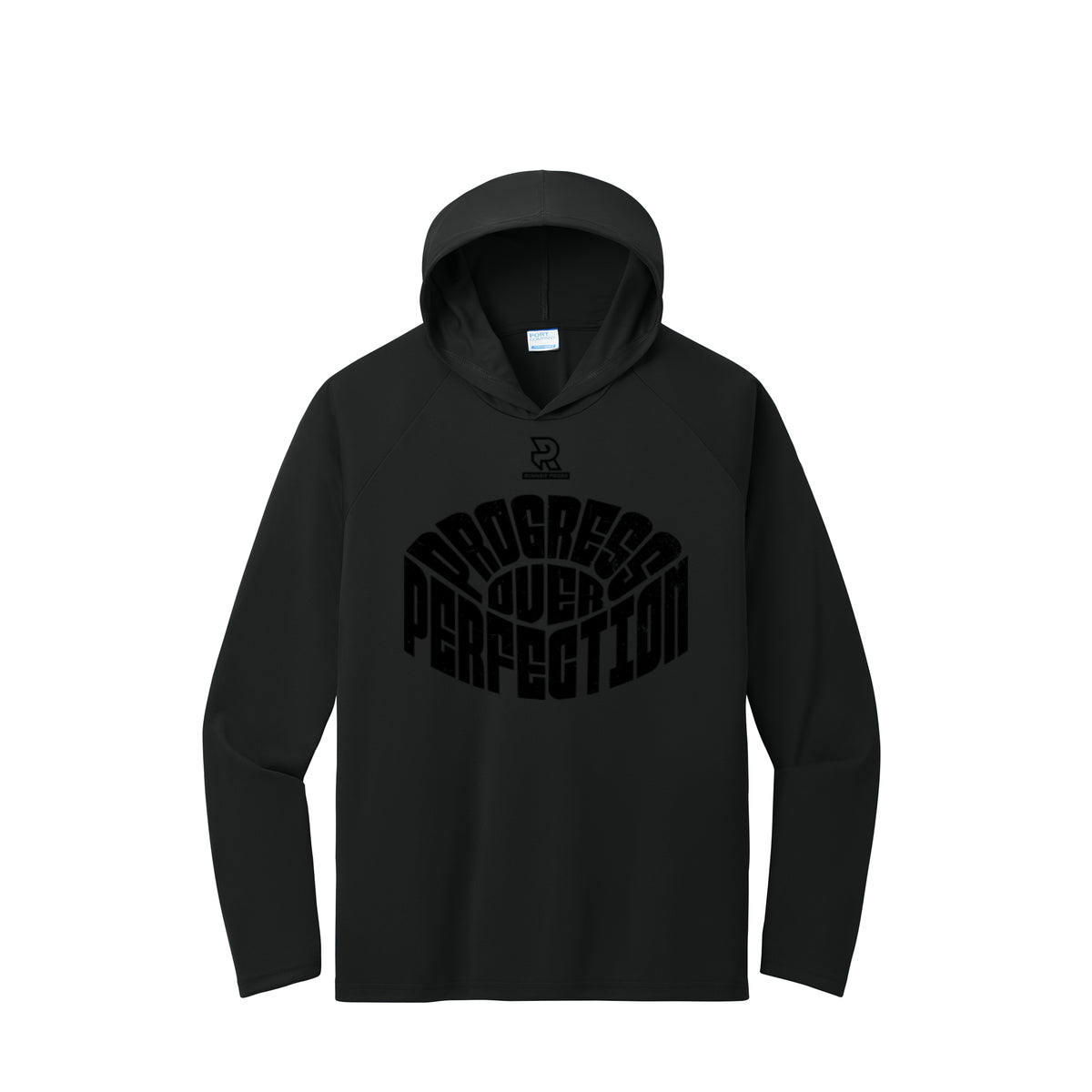 PROGRESS OVER PERFECTION (Black) - Long Sleeve Hooded Performance Tee
