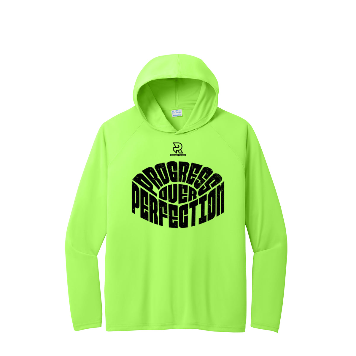 PROGRESS OVER PERFECTION (Black) - Long Sleeve Hooded Performance Tee
