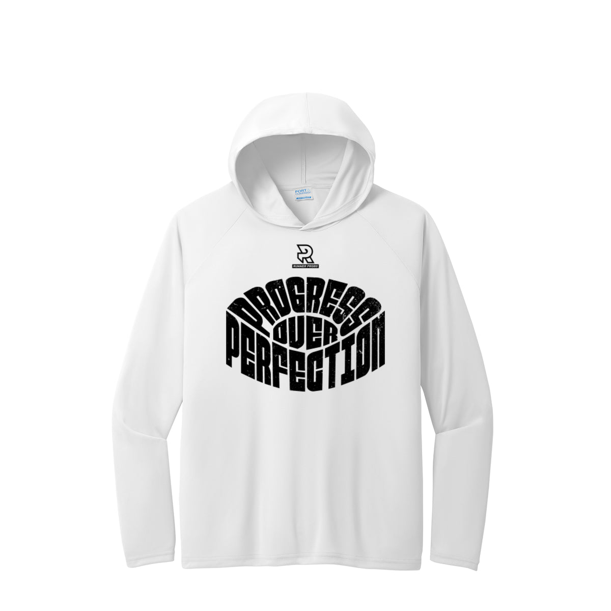 PROGRESS OVER PERFECTION (Black) - Long Sleeve Hooded Performance Tee