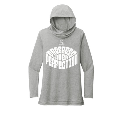 PROGRESS OVER PERFECTION (White) - Womens Tri-Blend Long Sleeve Hoodie