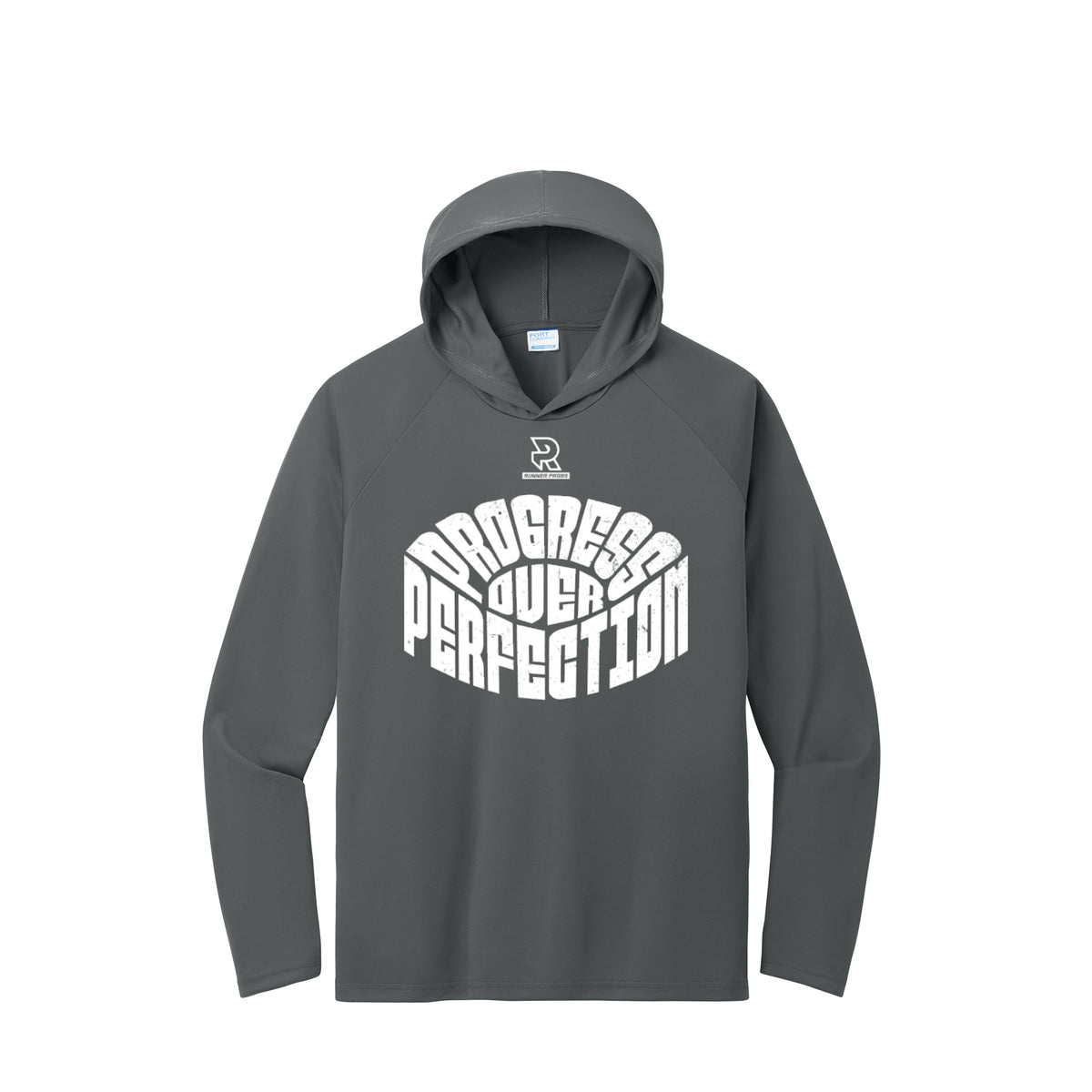 PROGRESS OVER PERFECTION (White) - Long Sleeve Hooded Performance Tee