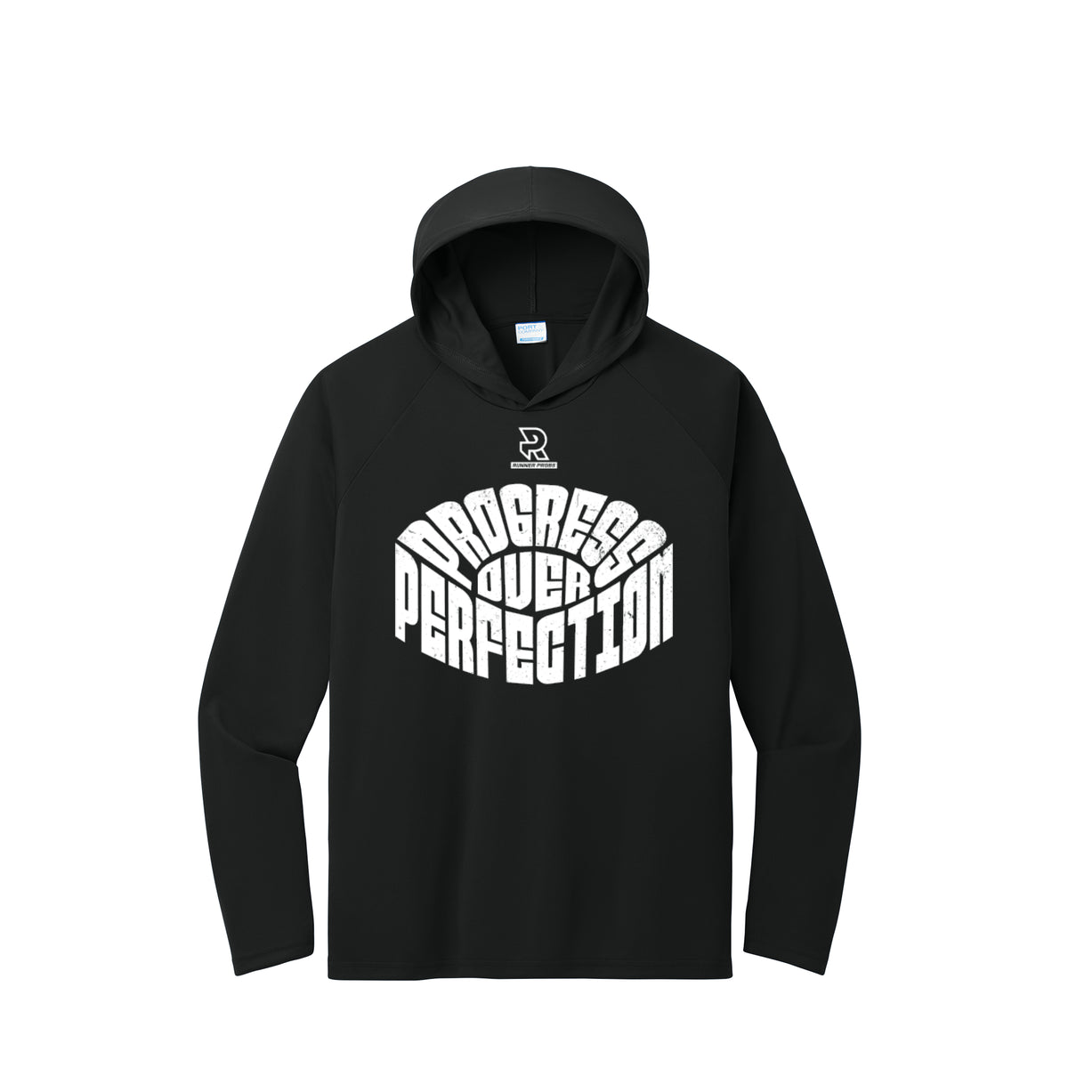 PROGRESS OVER PERFECTION (White) - Long Sleeve Hooded Performance Tee