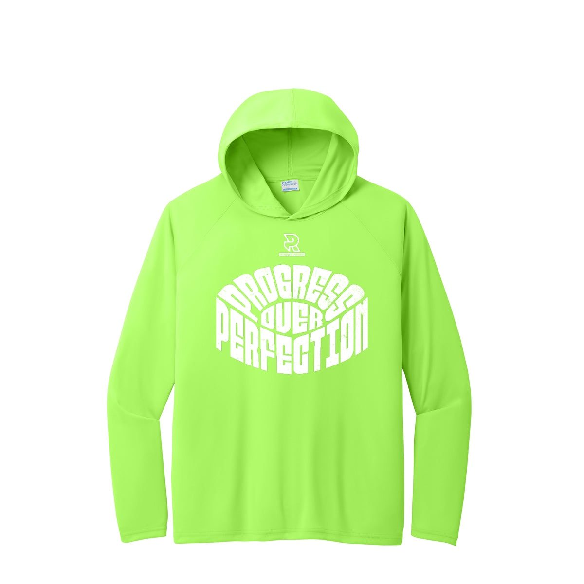 PROGRESS OVER PERFECTION (White) - Long Sleeve Hooded Performance Tee