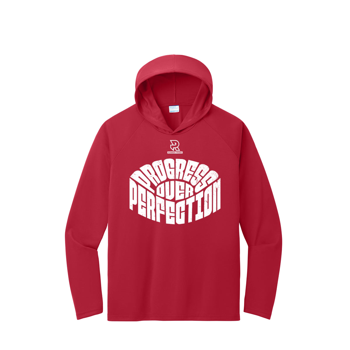 PROGRESS OVER PERFECTION (White) - Long Sleeve Hooded Performance Tee