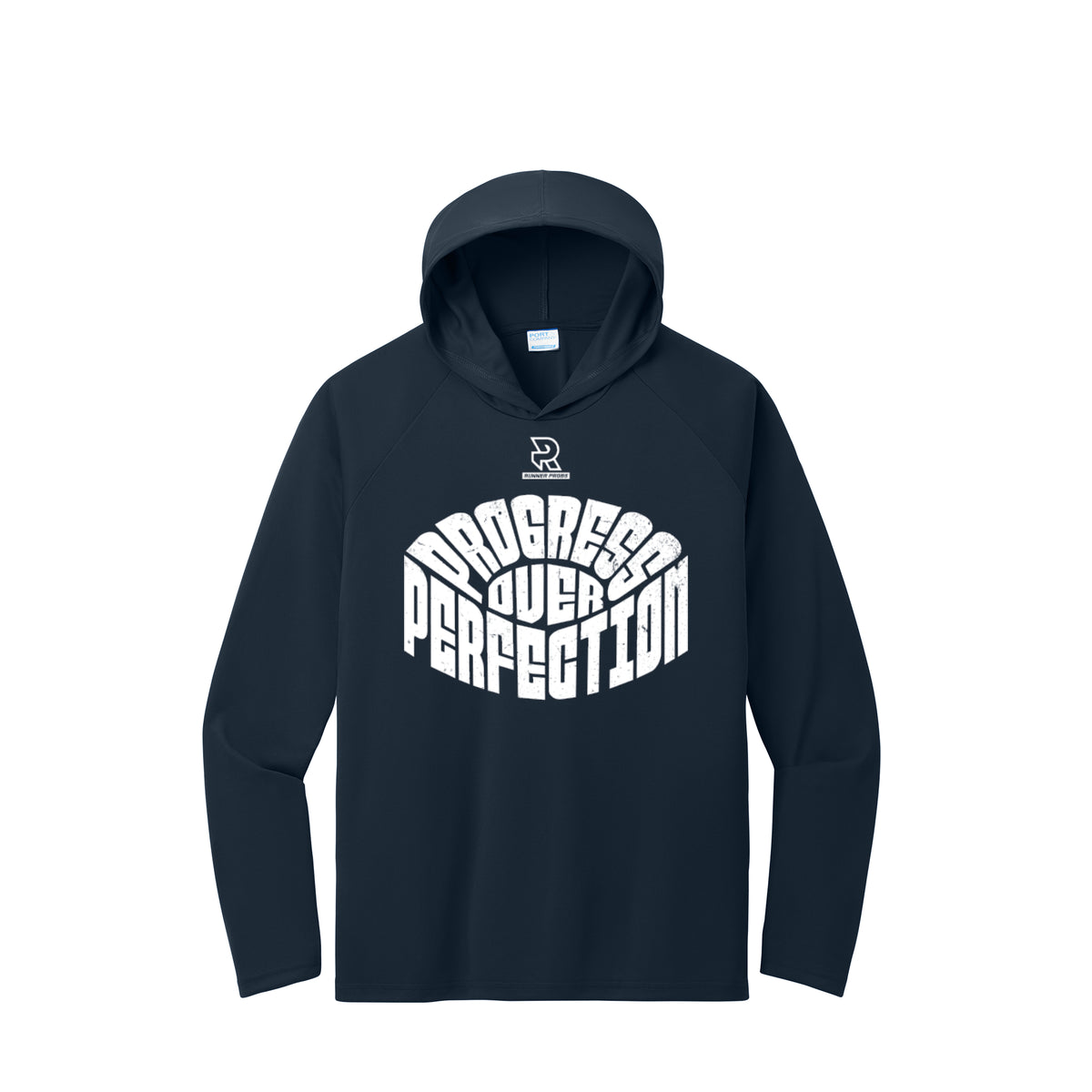 PROGRESS OVER PERFECTION (White) - Long Sleeve Hooded Performance Tee