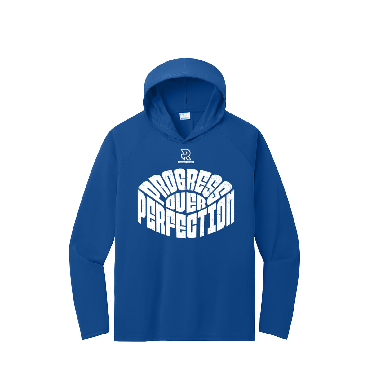 PROGRESS OVER PERFECTION (White) - Long Sleeve Hooded Performance Tee