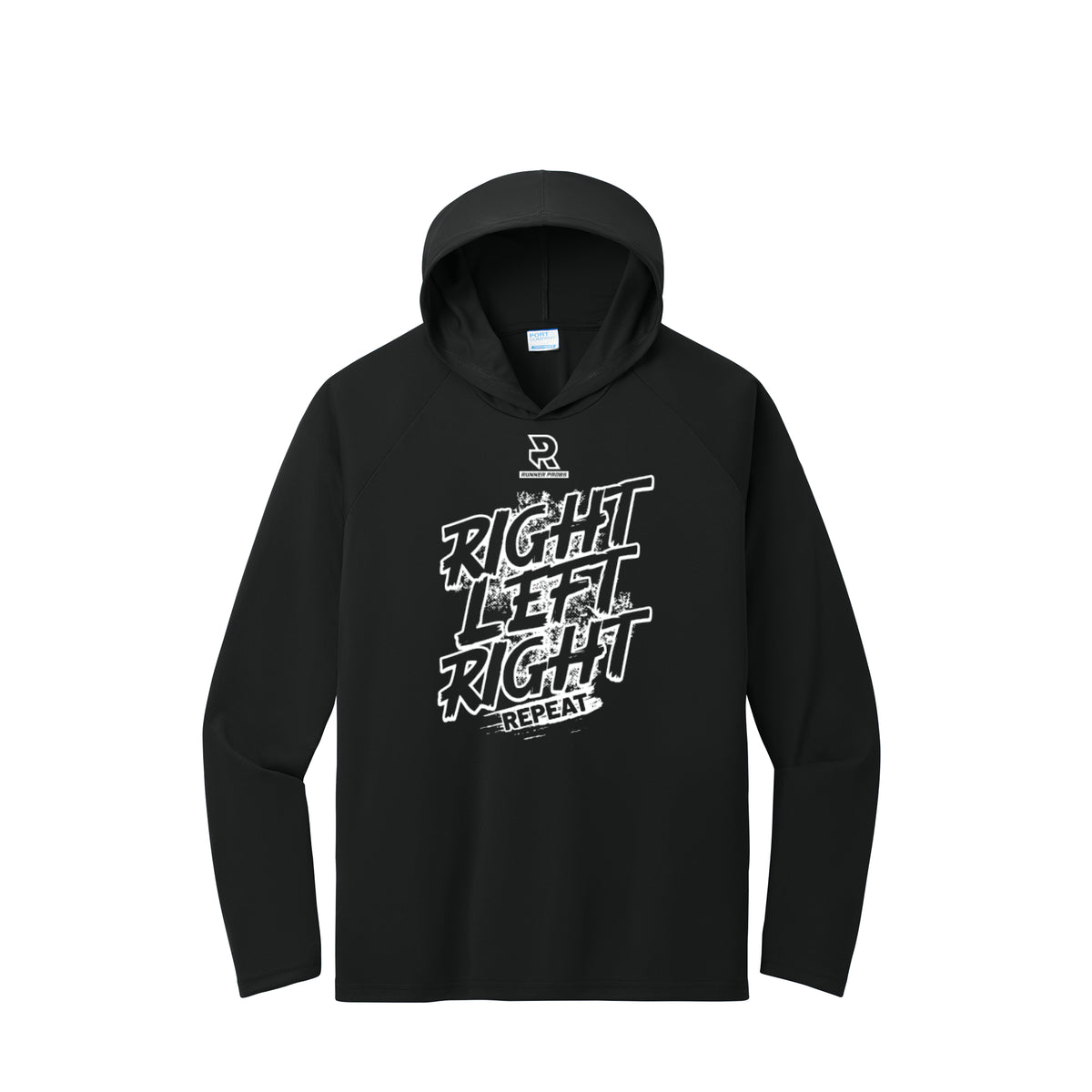 RIGHT LEFT RIGHT (White) - Long Sleeve Hooded Performance Tee