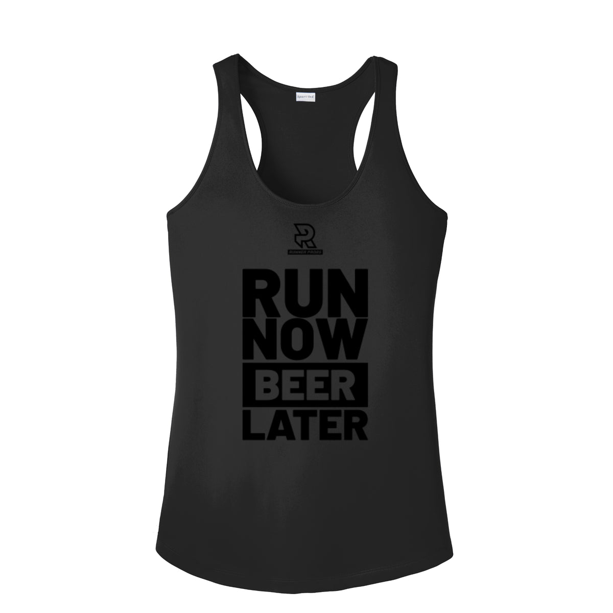 RUN NOW BEER LATER (Black) - Womens Competitor Racerback Tank
