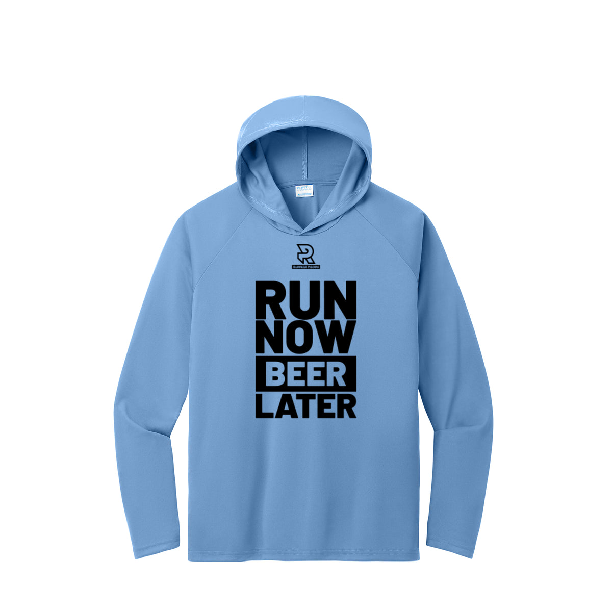 RUN NOW BEER LATER (Black) - Long Sleeve Hooded Performance Tee