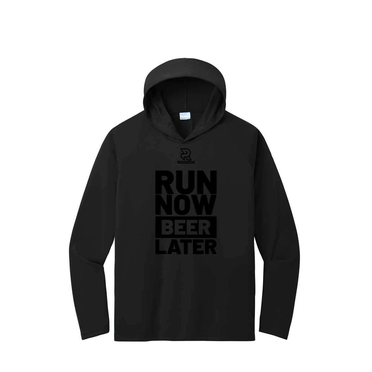 RUN NOW BEER LATER (Black) - Long Sleeve Hooded Performance Tee