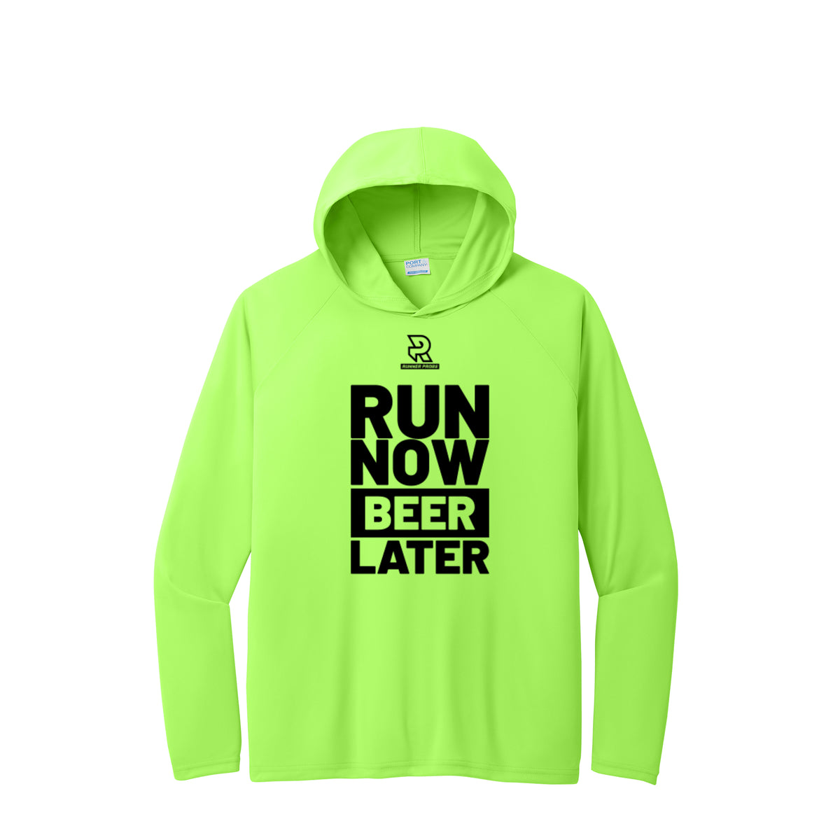 RUN NOW BEER LATER (Black) - Long Sleeve Hooded Performance Tee