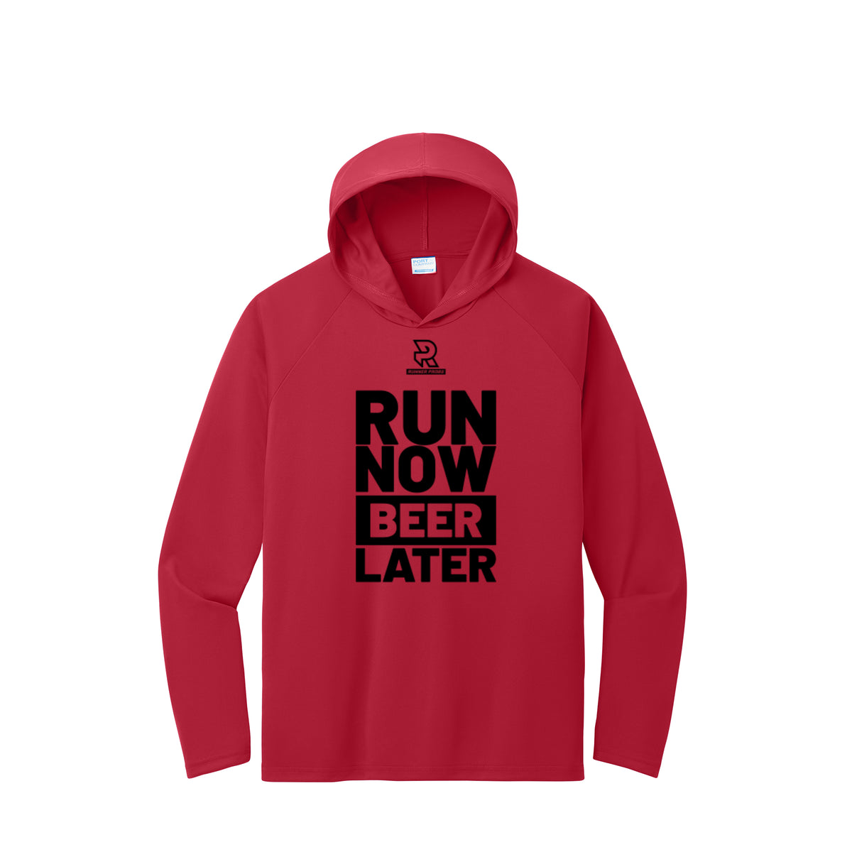 RUN NOW BEER LATER (Black) - Long Sleeve Hooded Performance Tee