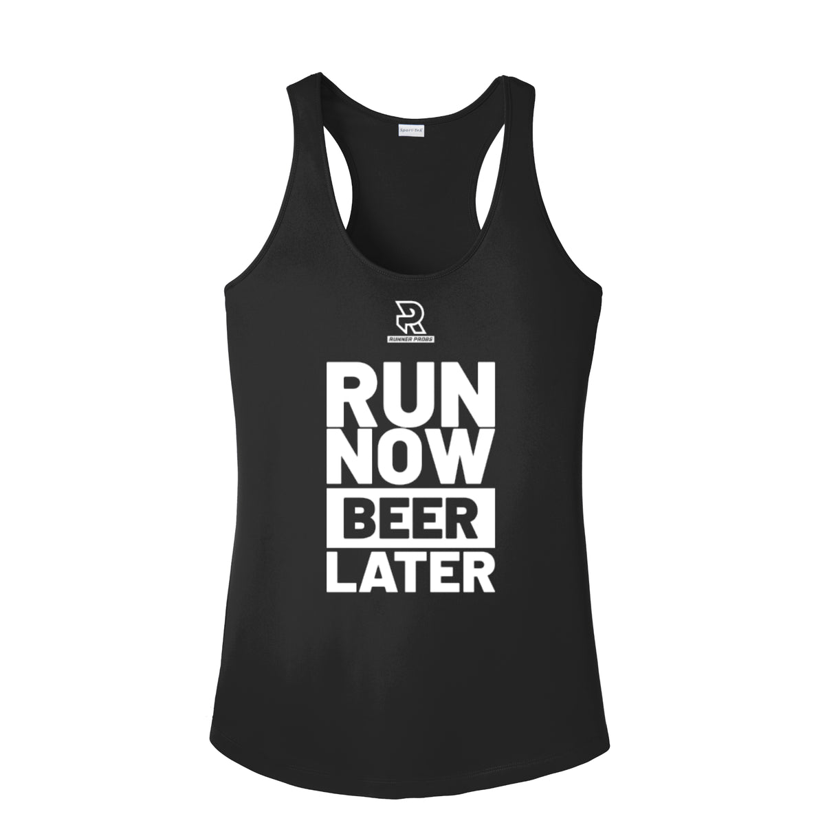RUN NOW BEER LATER (White) - Womens Competitor Racerback Tank