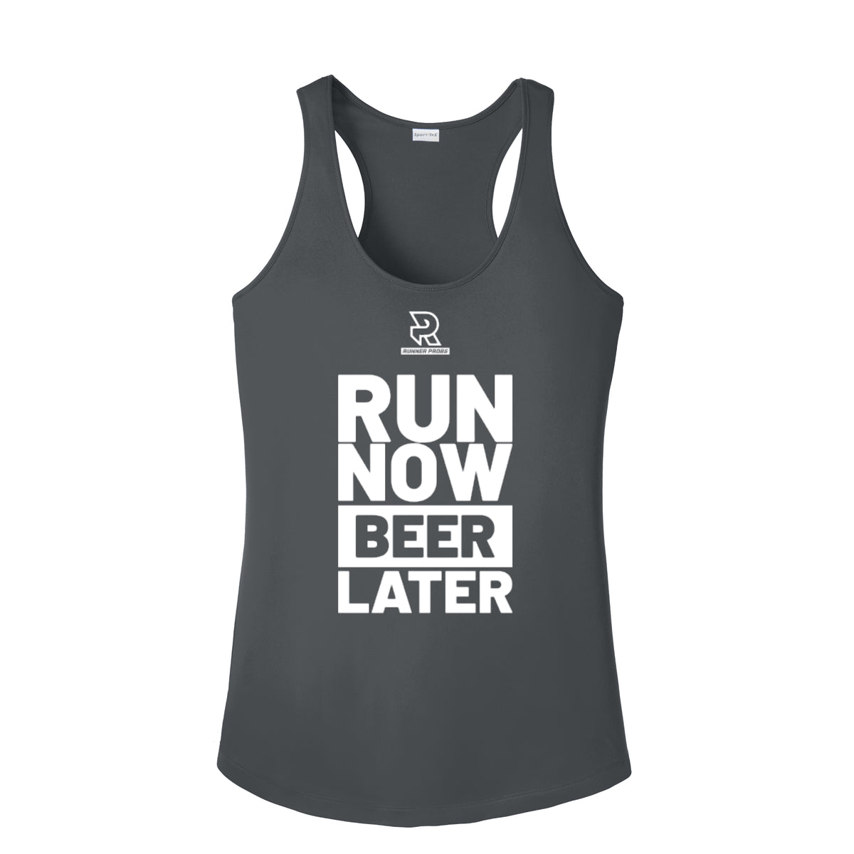 RUN NOW BEER LATER (White) - Womens Competitor Racerback Tank