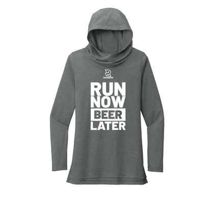 RUN NOW BEER LATER (White) - Womens Tri-Blend Long Sleeve Hoodie