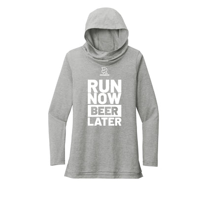 RUN NOW BEER LATER (White) - Womens Tri-Blend Long Sleeve Hoodie