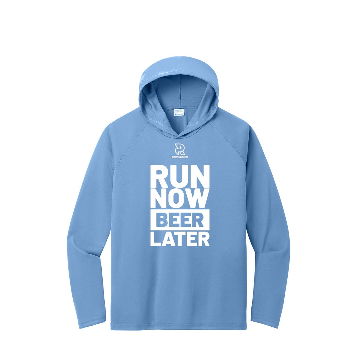 RUN NOW BEER LATER (White) - Long Sleeve Hooded Performance Tee