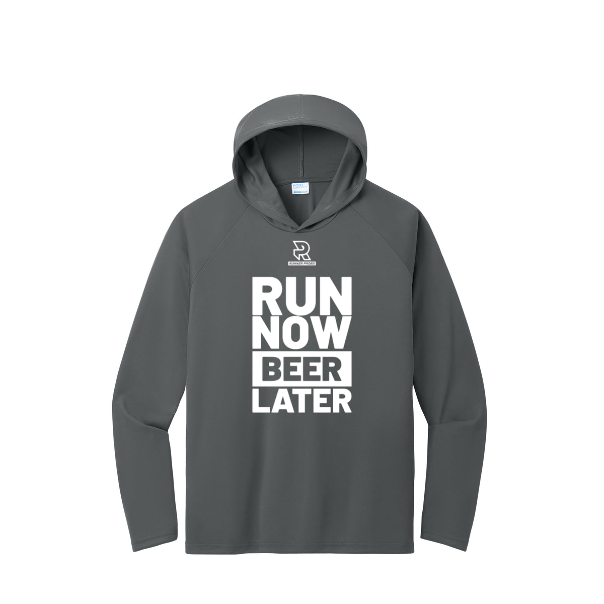 RUN NOW BEER LATER (White) - Long Sleeve Hooded Performance Tee
