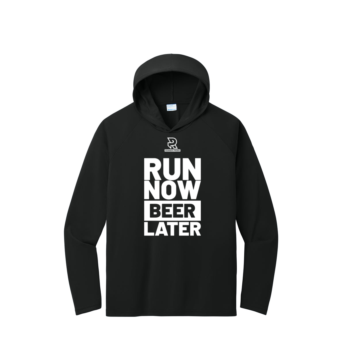 RUN NOW BEER LATER (White) - Long Sleeve Hooded Performance Tee