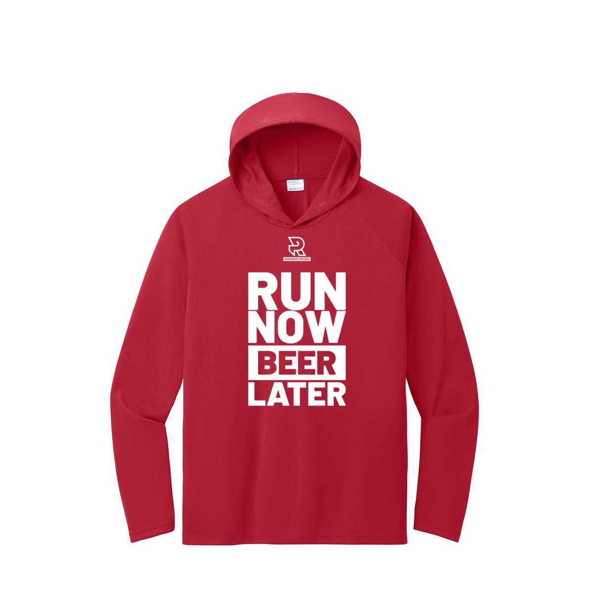 RUN NOW BEER LATER (White) - Long Sleeve Hooded Performance Tee