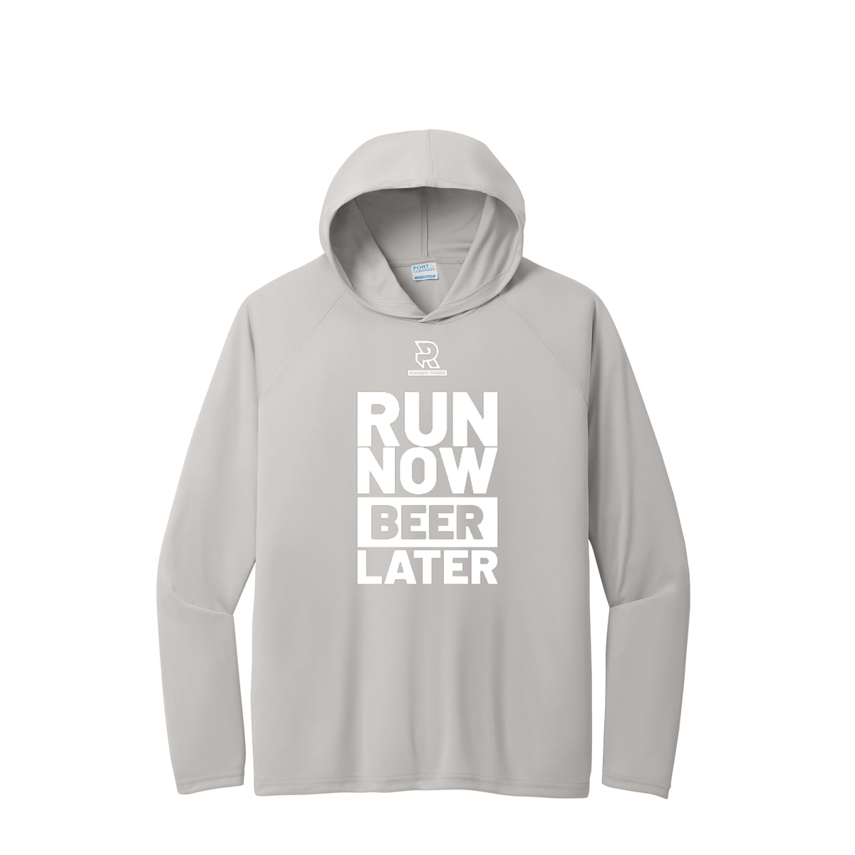 RUN NOW BEER LATER (White) - Long Sleeve Hooded Performance Tee