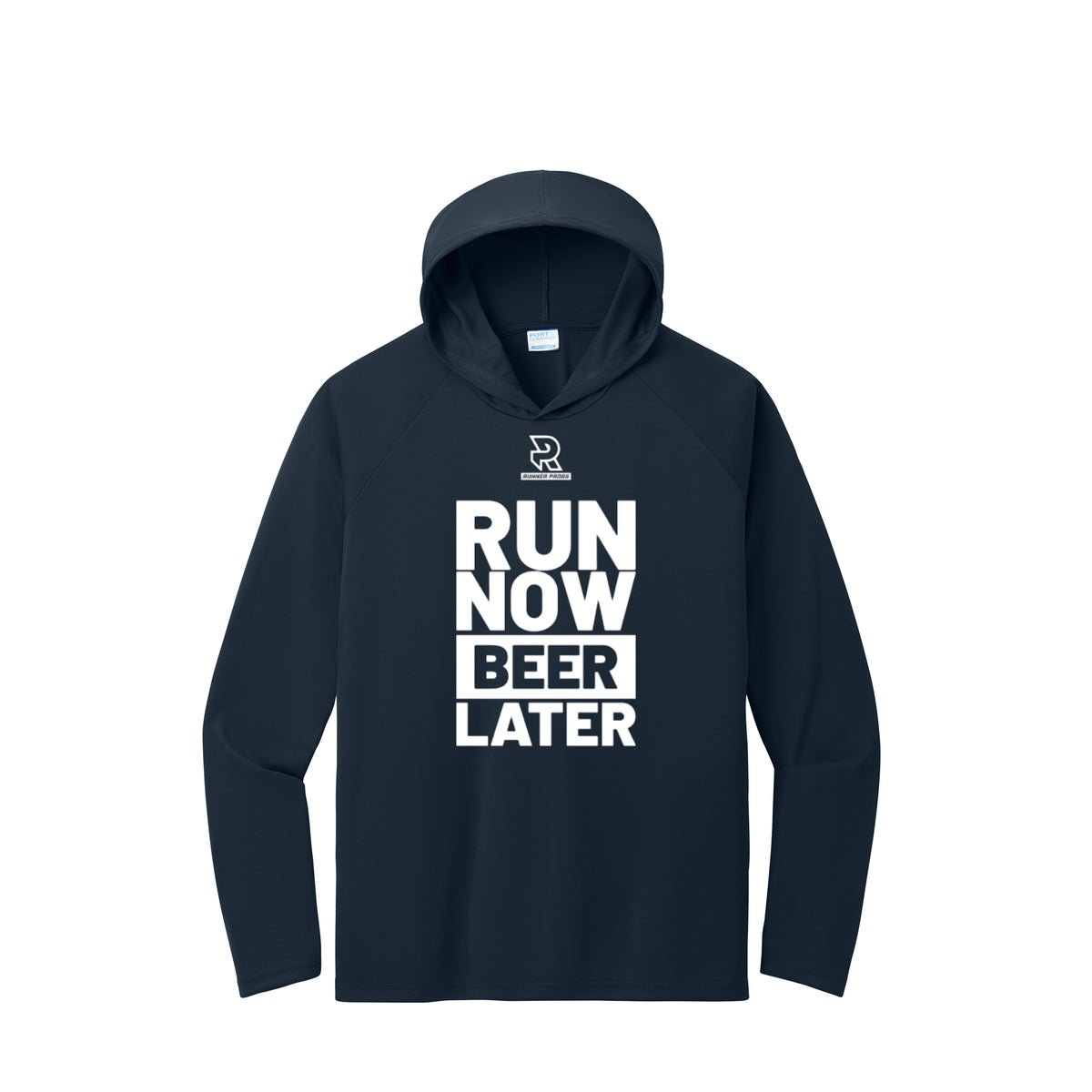 RUN NOW BEER LATER (White) - Long Sleeve Hooded Performance Tee