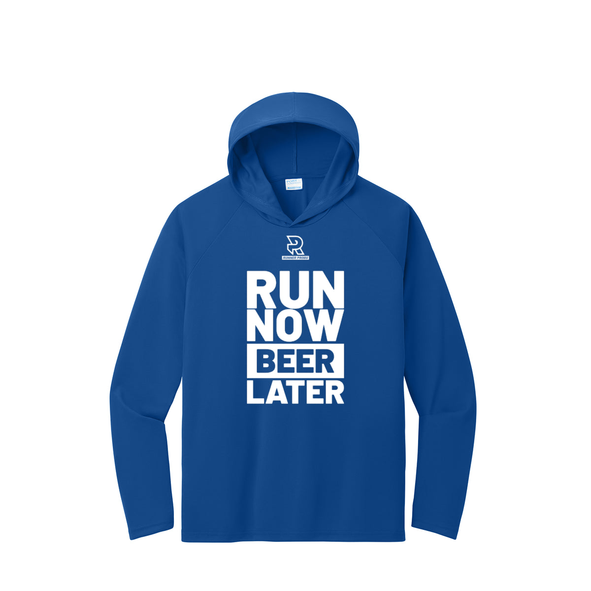 RUN NOW BEER LATER (White) - Long Sleeve Hooded Performance Tee