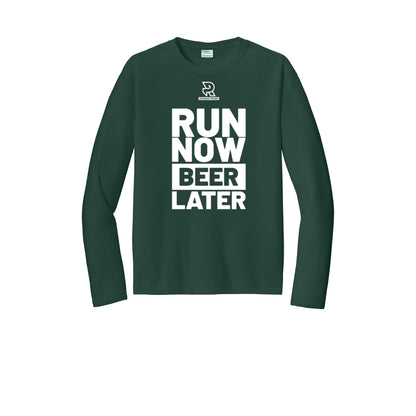 RUN NOW BEER LATER (White) - Long Sleeve Performance Tee