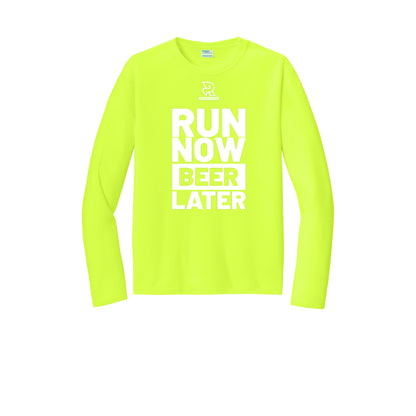 RUN NOW BEER LATER (White) - Long Sleeve Performance Tee