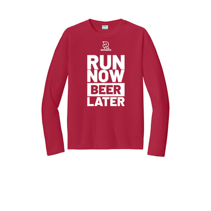 RUN NOW BEER LATER (White) - Long Sleeve Performance Tee