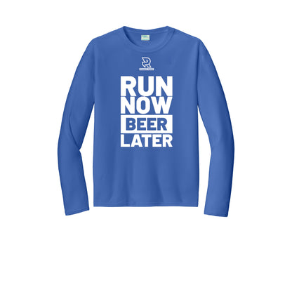 RUN NOW BEER LATER (White) - Long Sleeve Performance Tee