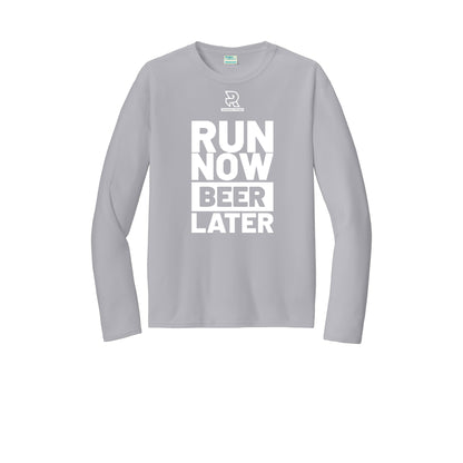RUN NOW BEER LATER (White) - Long Sleeve Performance Tee