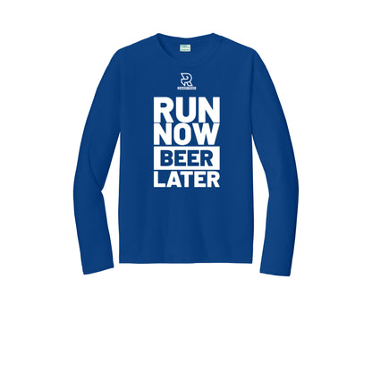 RUN NOW BEER LATER (White) - Long Sleeve Performance Tee