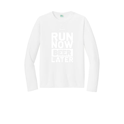 RUN NOW BEER LATER (White) - Long Sleeve Performance Tee