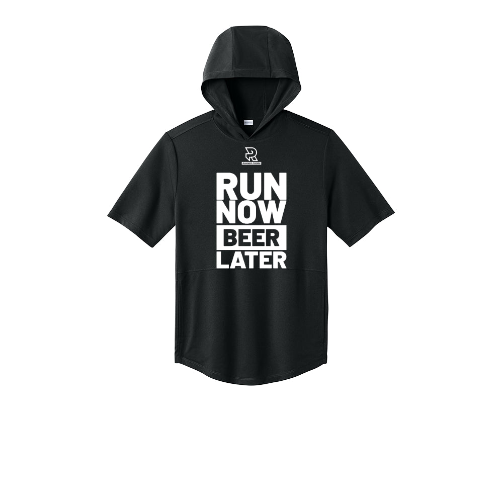 RUN NOW BEER LATER (White) - Short Sleeve Performance Hoodie