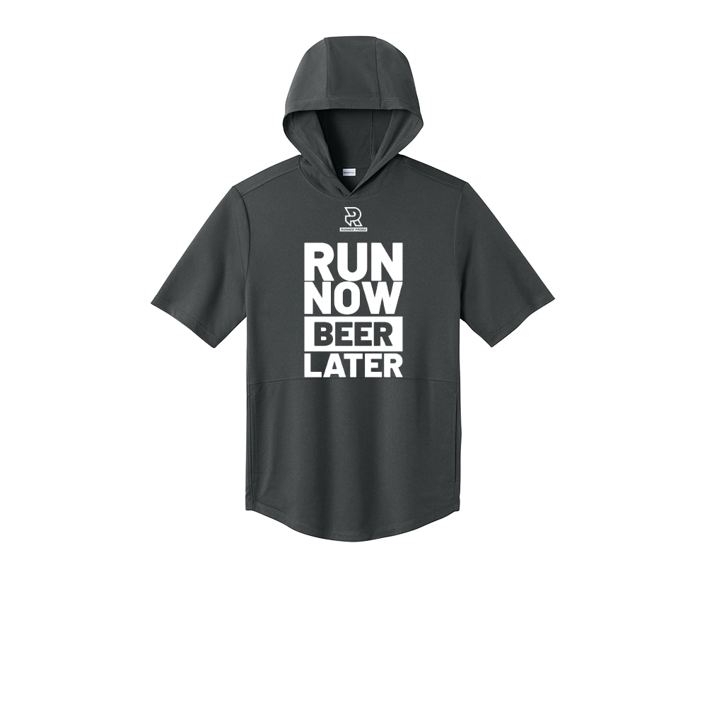 RUN NOW BEER LATER (White) - Short Sleeve Performance Hoodie