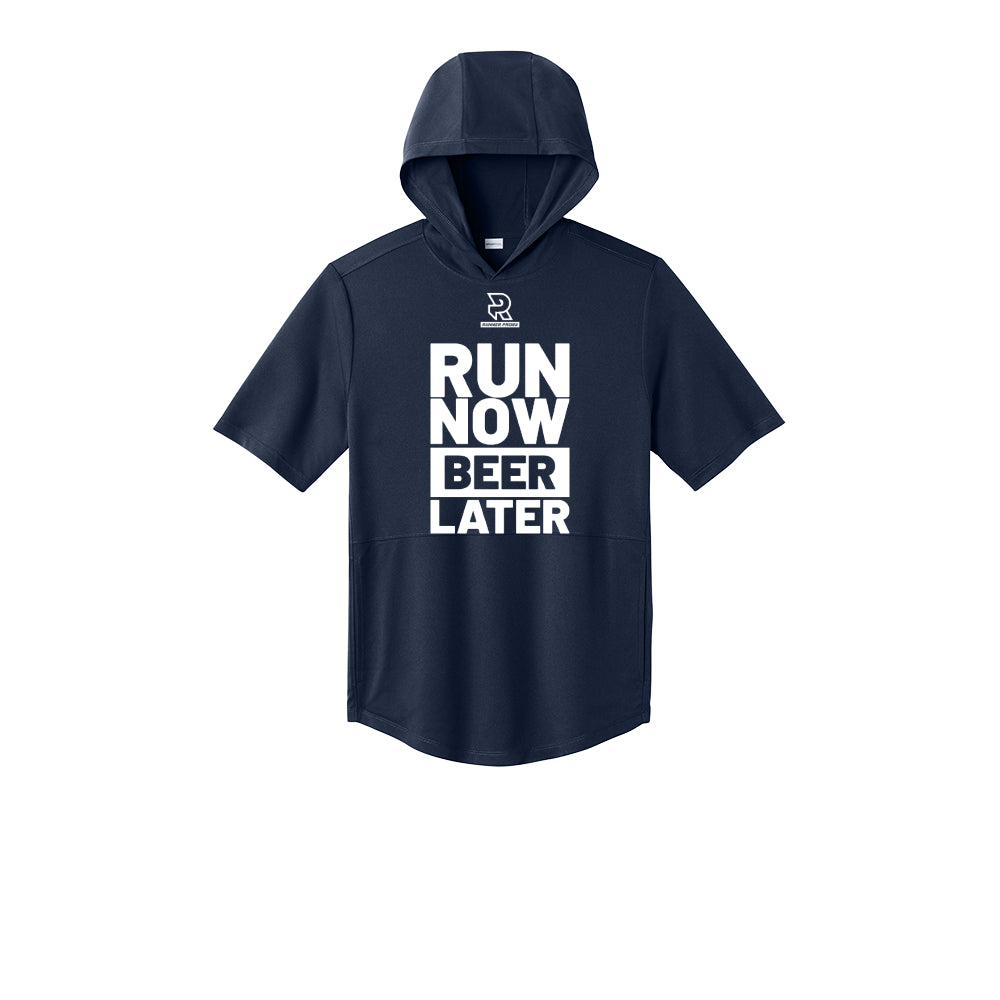 RUN NOW BEER LATER (White) - Short Sleeve Performance Hoodie