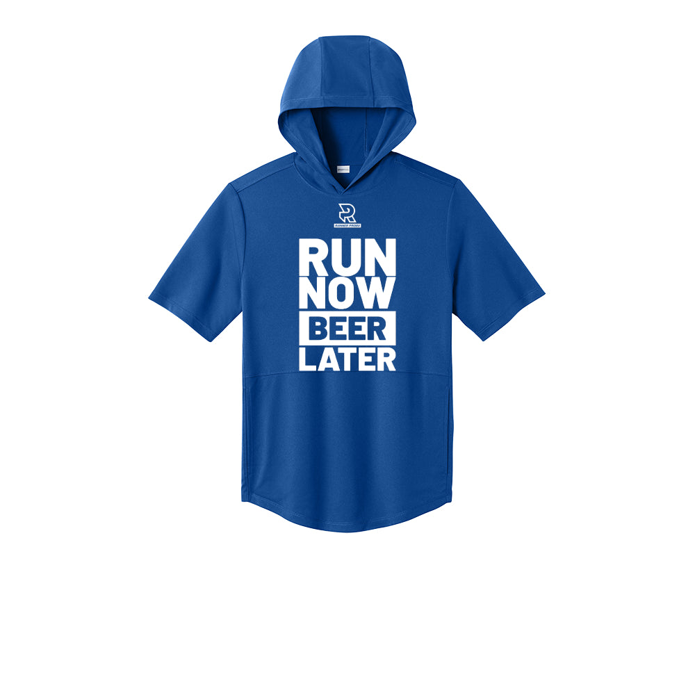RUN NOW BEER LATER (White) - Short Sleeve Performance Hoodie