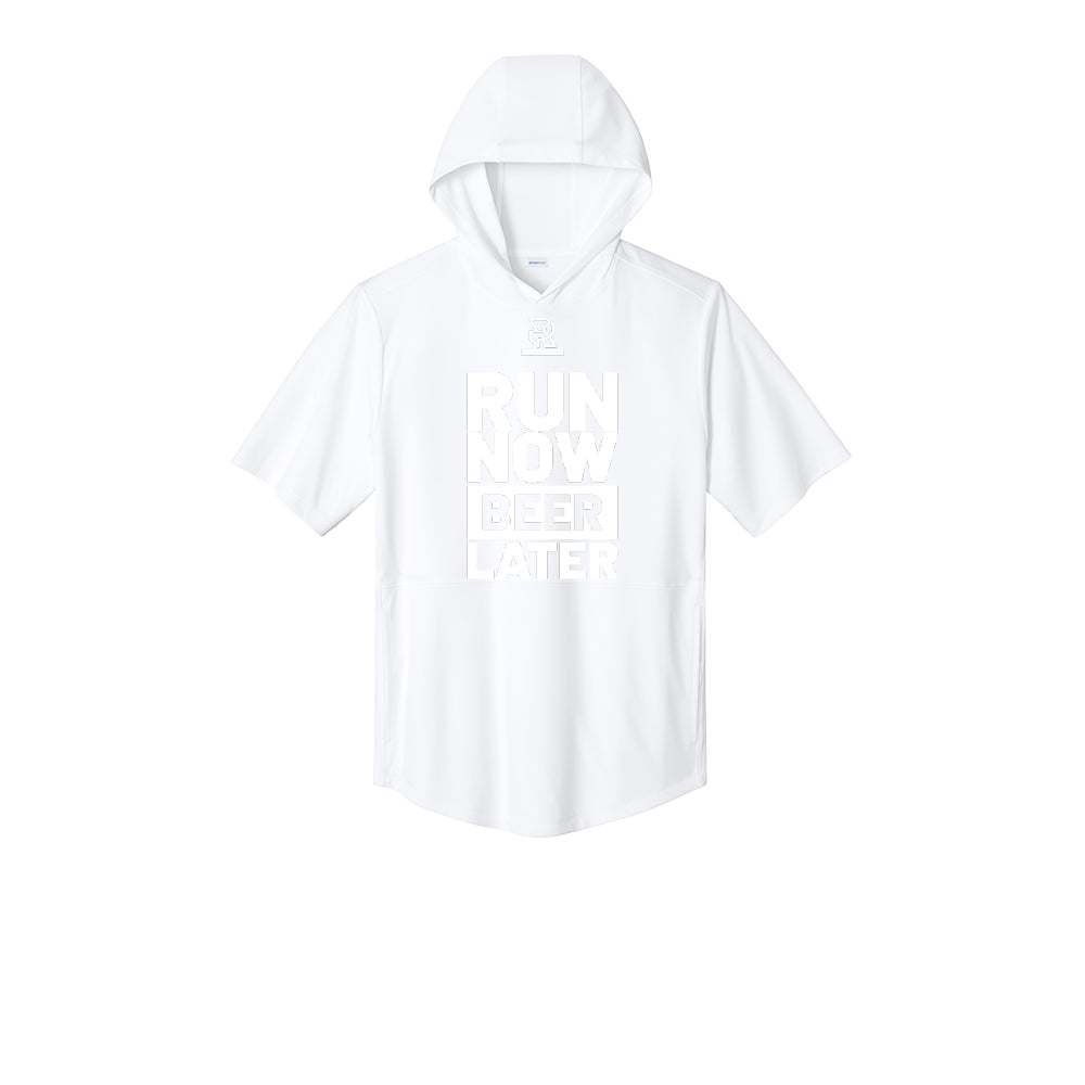 RUN NOW BEER LATER (White) - Short Sleeve Performance Hoodie