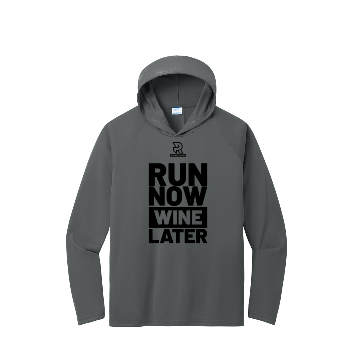 RUN NOW WINE LATER (Black) - Long Sleeve Hooded Performance Tee
